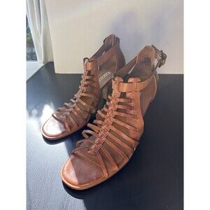 Paul Green Gladiator Sandals 7.5 Cognac Leather Cage Block Heel Comfort Boho